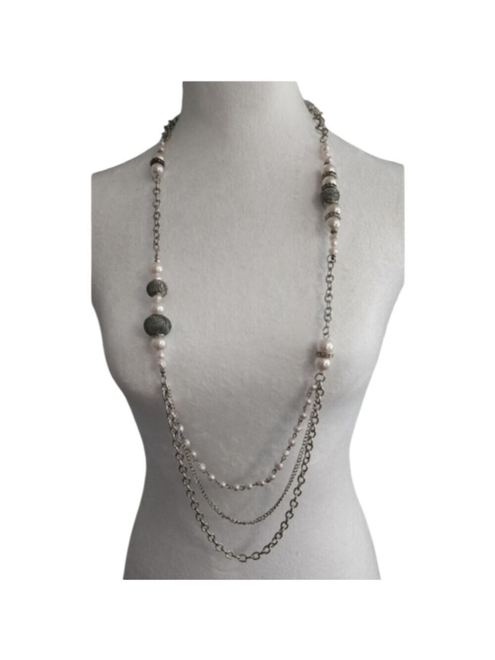 Elegant Silvertone and Faux White Pearl Necklace